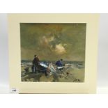 WATERCOLOUR "FISHERMEN ON THE SHORE" 24 x 26 CM BEARING SIGNATURE COX (MOUNTED BUT UNFRAMED)