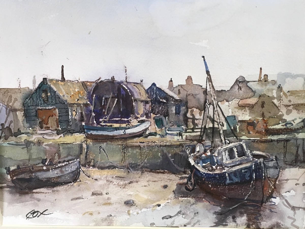 WATERCOLOUR "FISHING BOATS AT THE QUAY" 23 X 30 CM, - Image 2 of 3