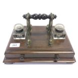 MAHOGANY SINGLE DRAWER DESK STAND, 2 GLASS INK BOTTLES,