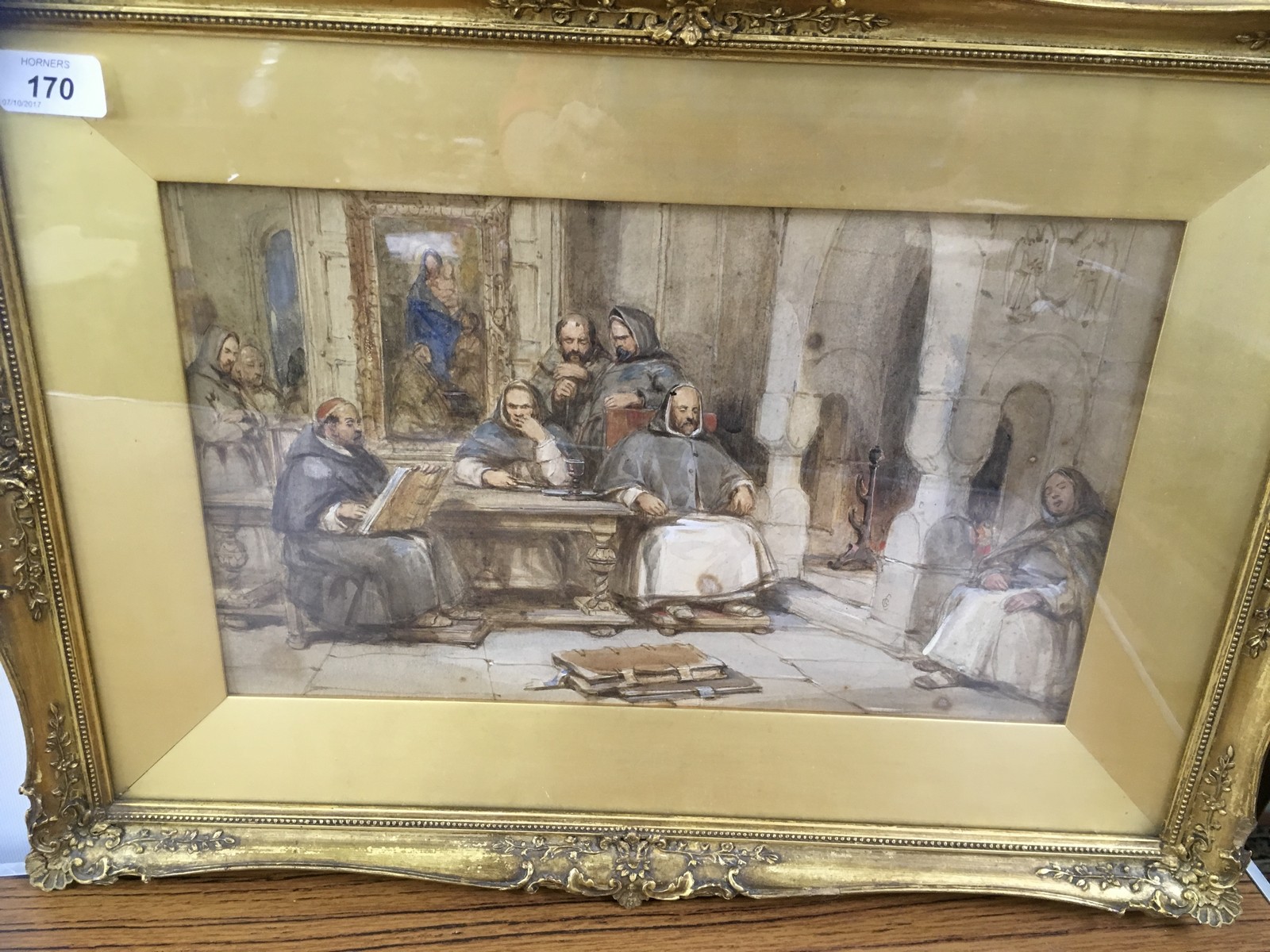ATTRIBUTED TO GEORGE CATTERMOLE: A MONASTIC SCENE, WATERCOLOUR BEARING MONOGRAM G.C.