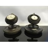 2 WOODEN CIRCULAR WATCH STAND HOLDERS WITH WATCHES