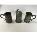 3 EARLY PEWTER ITEMS, ENGRAVED LIDDED TANKARD DATE 1860,