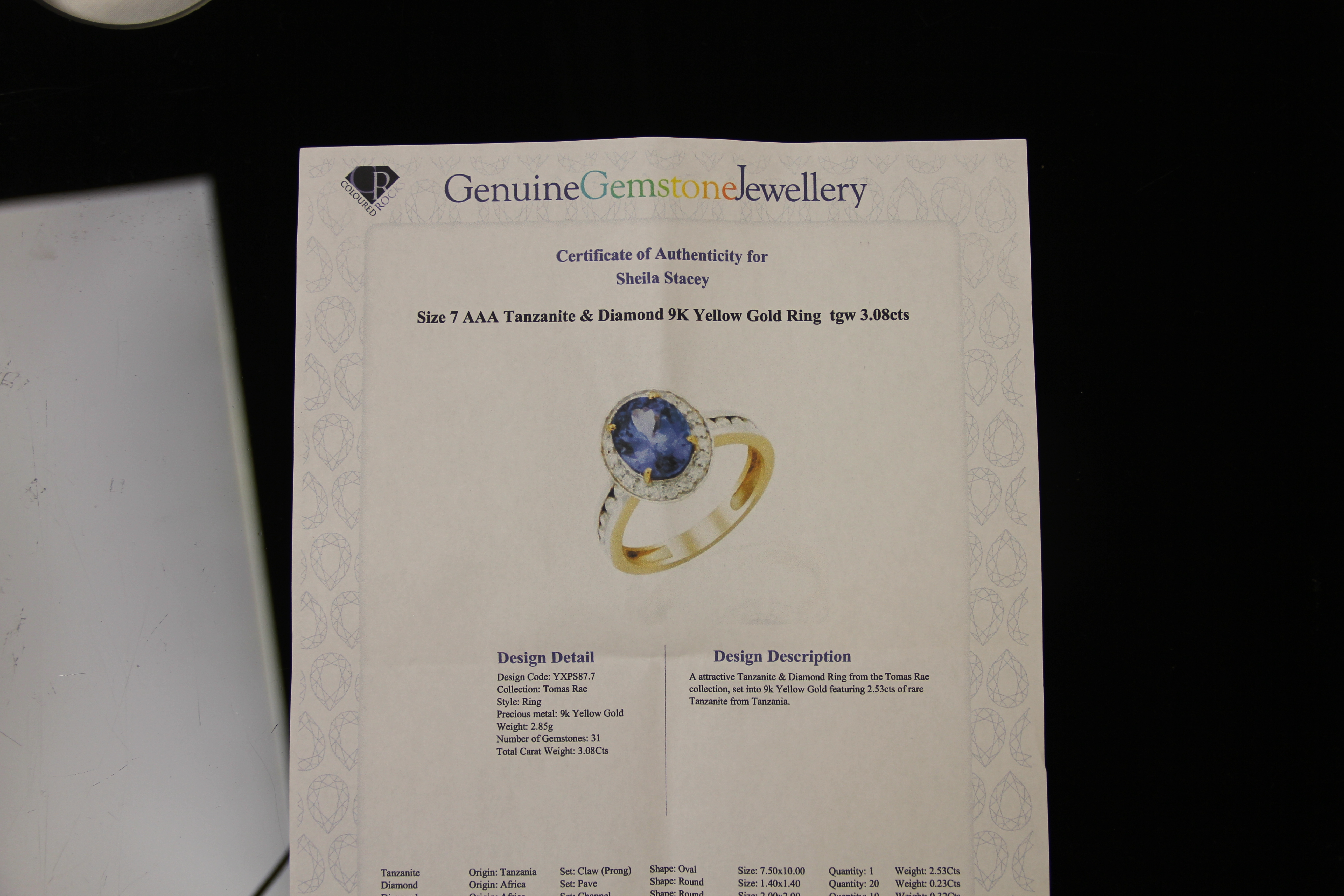 9CT GOLD TANZANITE RING WITH CERTIFICATE, - Image 5 of 5
