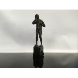 BRONZE FIGURE 'YOKEL' IN PONDERING STANCE, MOUNTED ON MARBLE PLINTH,