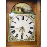 LONG CASE CLOCK, 30 HOUR, IN UNUSUAL PINE AND ELM CASE, RE-PAINTED DIAL DEPICTING VILLAGE SCENE,