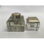 2 CUT GLASS SILVER TOPPED INK WELLS, BOTH SQUARE FORM, LARGER ONE DATED 1926,