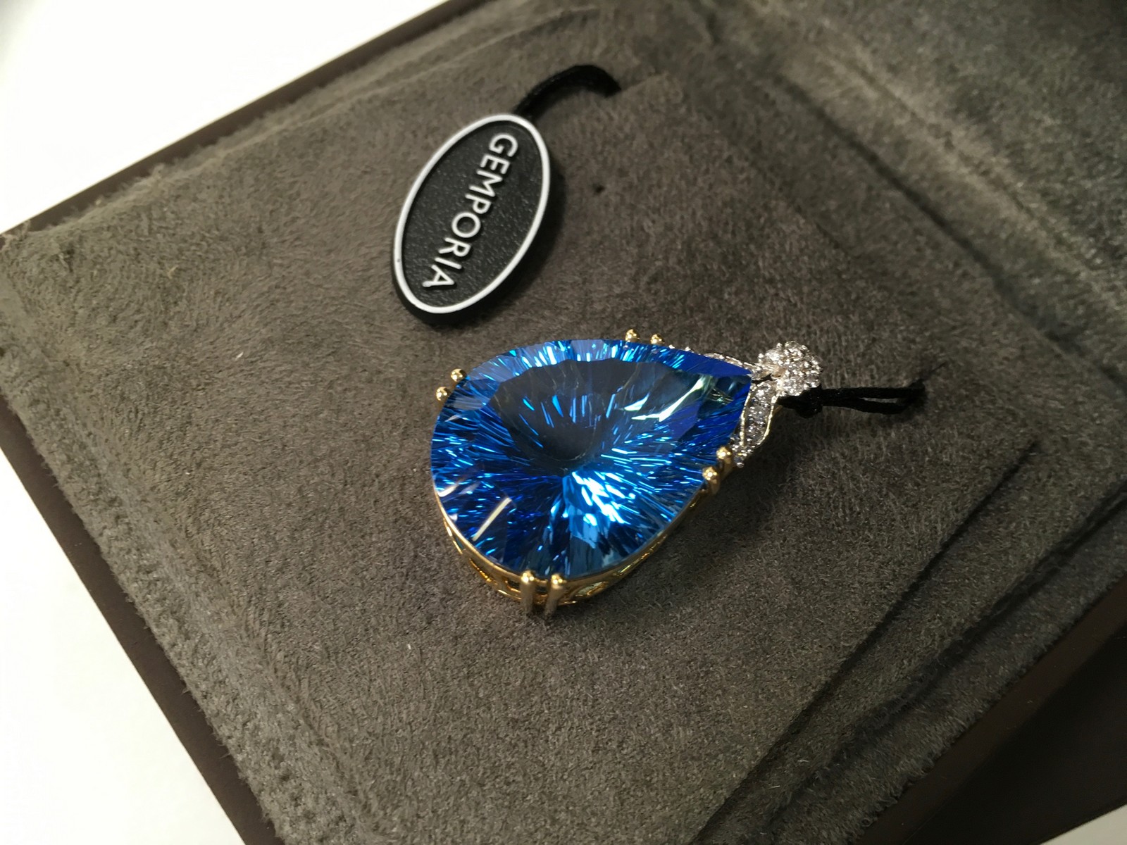 BOXED WITH CERTIFICATE, SWISS BLUE TOPAZ AND DIAMOND PENDANT,