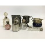 4 SILVER MOUNTED SCENT BOTTLES PLUS TRAVELLING BOTTLES, SMALL PICTURE FRAME, SILVER TROPHY CUP,
