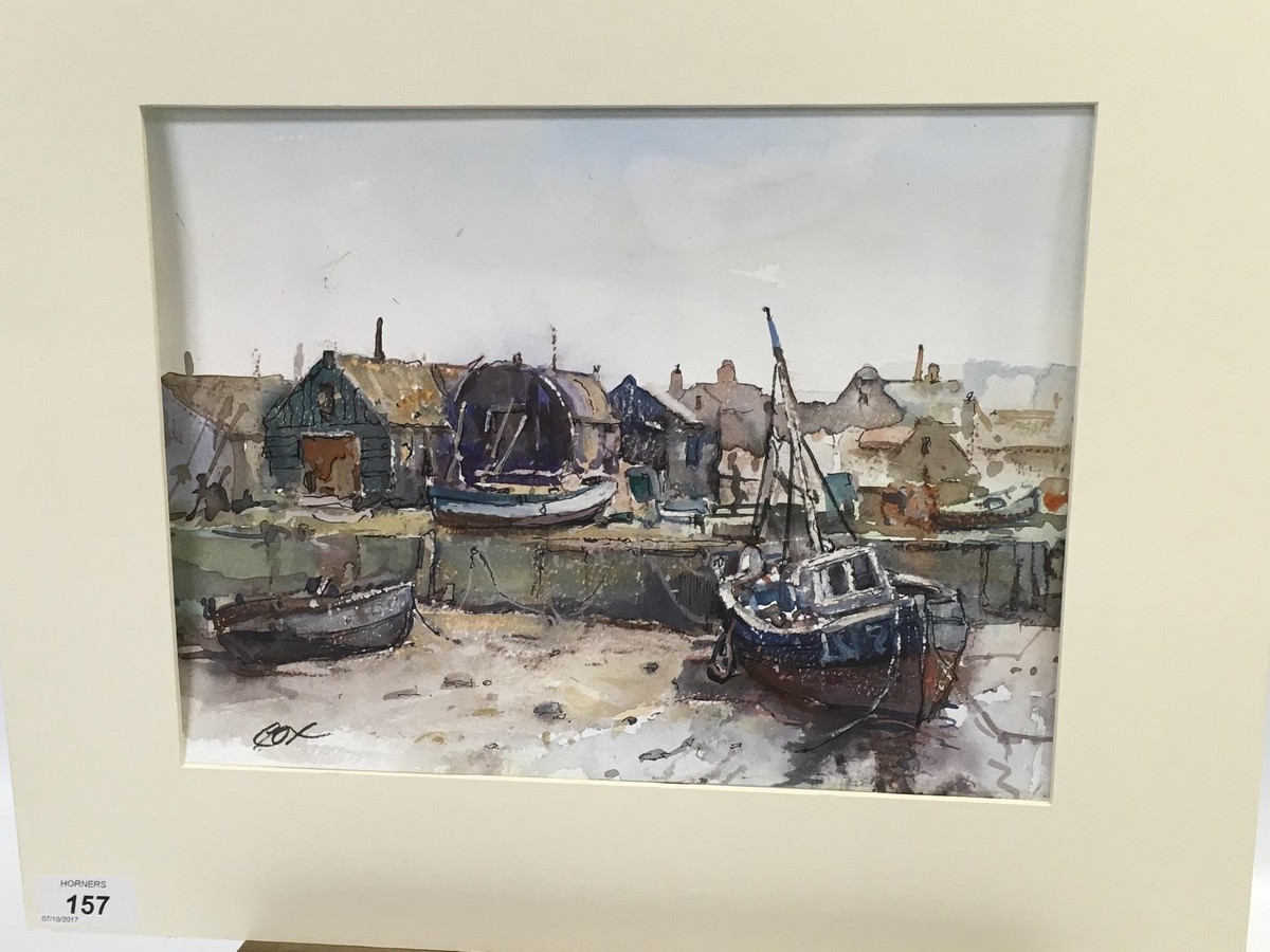 WATERCOLOUR "FISHING BOATS AT THE QUAY" 23 X 30 CM,