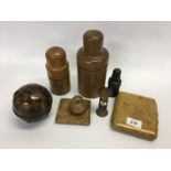 8 TREEN ITEMS TO INCLUDE GEORGIAN STRING HOLDER, CIGARETTE HOLDER, FLASK CONTAINERS ETC.