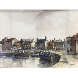 WATERCOLOUR "FISHING BOATS AT QUAY SIDE" 24 X 34 CM BEARING SIGNATURE COX (MOUNTED BUT UNFRAMED)