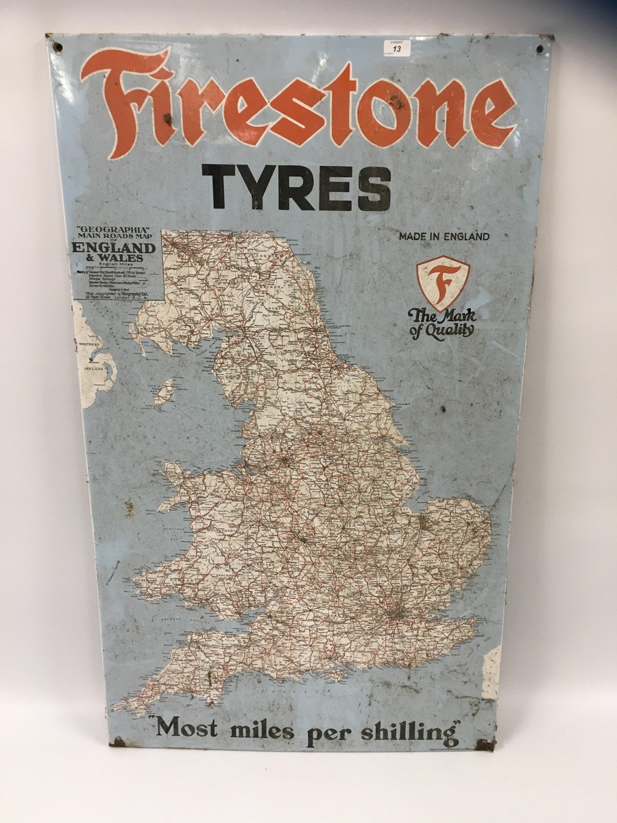 ENAMEL SIGN - 'FIRESTONE TYRES' MAP OF UK - MOST MILES PER SHILLING' 122 X 73CM