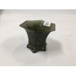 ANTIQUE HEXAGONAL BRONZE POT WITH ORIGINAL HAND CHASED DESIGN OF FIGURES & FLOWERS 12CM