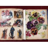 VICTORIAN SCRAP ALBUM WITH FINE COLLECTION SCRAPS AND OTHER ITEMS STUCK IN,