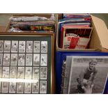 MIXED FOOTBALL PROGRAMMES IN TWO BOXES, ALSO FRAMED SET OF CIGARETTE CARDS,