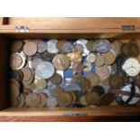 SMALL BOX MIXED COINS, TWO WATCHES, MEDALS INCLUDING WW1 VICTORY (2) ETC.