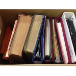 BOX WITH GB AND OTHERS IN EIGHT VOLUMES, EMPTY NZ PRINTED ALBUMS, CATALOGUES ETC.