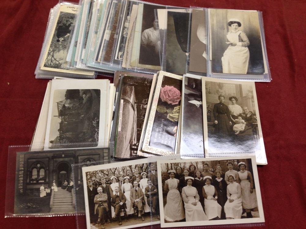 SMALL BOX MIXED POSTCARDS INCLUDING MILITARY AND NURSING RPS, FAMILY PHOTOS, YORKSHIRE ETC.