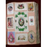 MID VICTORIAN SCRAP ALBUM WITH A COLLECTION OF CHRISTMAS AND OTHER GREETINGS CARDS, SCRAPS ETC.