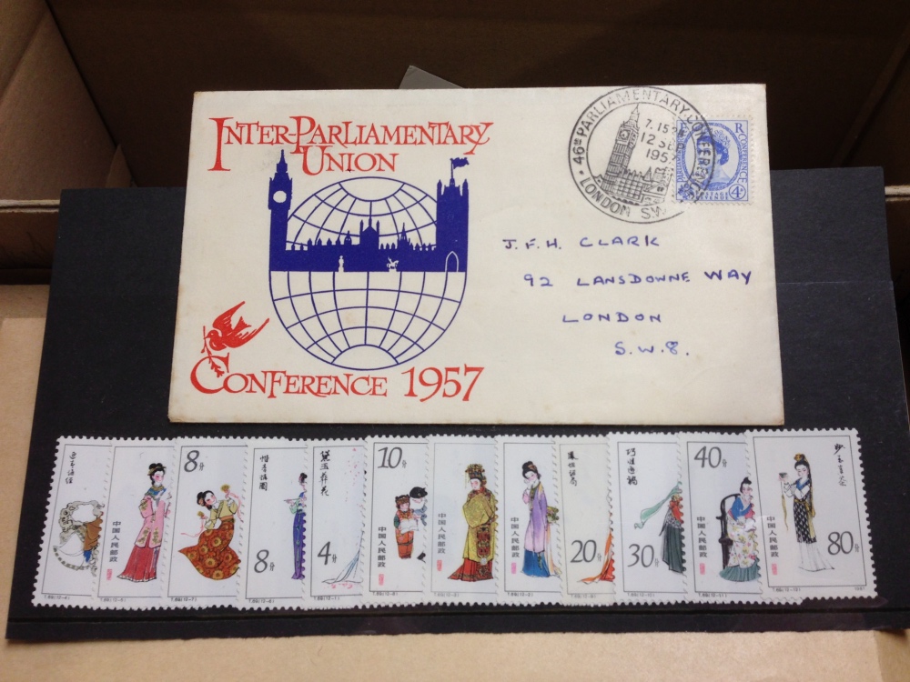 LARGE BOX WITH GB, CHINA 1981 TWELVE BEAUTIES SET MINT, GB FDC INCLUDING 1957 PARLIAMENT ETC.