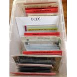 PLASTIC BOX WITH PRICED STOCK OF EPHEMERA SORTED BY SUBJECT, ADVERTISING, ANIMALS, MINIATURE BOOKS,