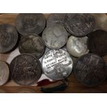 TUB OF SILVER AND OTHER COINS, GB 1889 CROWN, IRISH HALF CROWNS ETC.