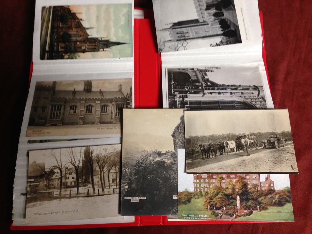 BOX OF MIXED POSTCARDS IN THREE FOLDERS AND LOOSE, SUFFOLK, DERBYSHIRE DALES, SUSSEX, GERMANY ETC.