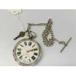 SILVER POCKET WATCH WITH A SILVER T-BAR ALBERT CHAIN.