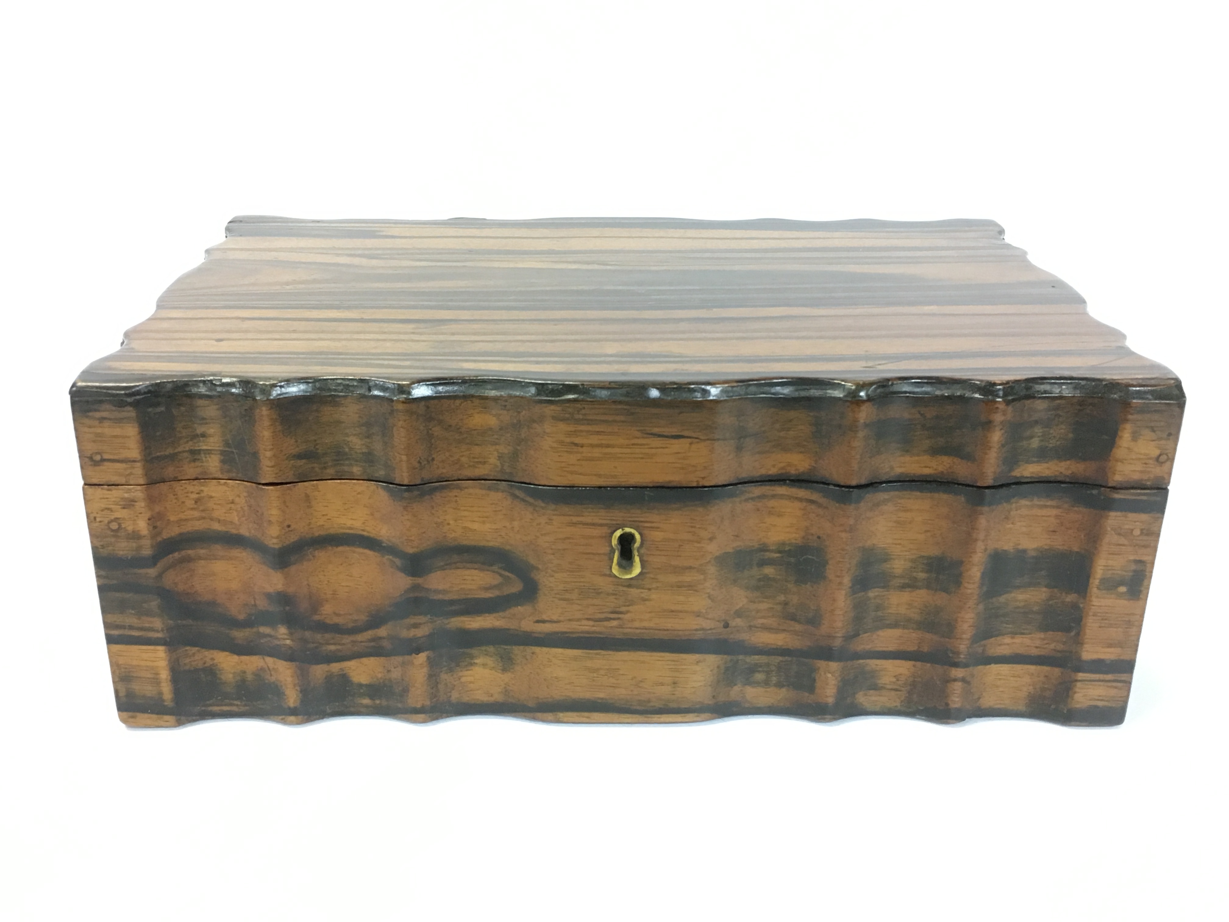 ANTIQUE COROMANDEL WOOD BOX WITH HINGED LID. VERY UNUSUAL WAVY (SERPENTINE) FRONT, BACK AND SIDES.