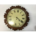 VICTORIAN FUSEE WALL CLOCK IN MAHOGANY CASE WITH CARVED SURROUND.