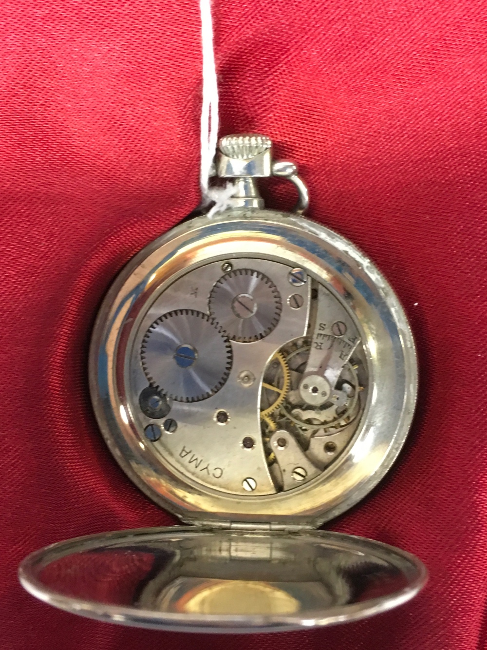 VINTAGE 'CYMA' POCKET WATCH IN POLISHED NICKEL SILVER CASE. WHITE ENAMEL DIAL. - Image 2 of 2