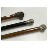 3 WALKING STICKS, ONE WITH SILVER TOP,