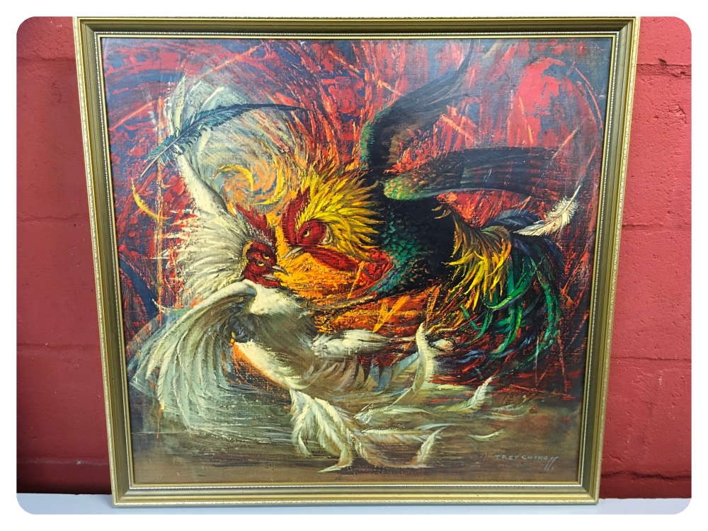 FRAMED "TRETCHIKOFF" PRINT OF 2 COCKERELS FIGHTING