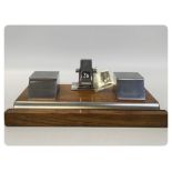 DESK INKWELL STAND WITH TWO INK POTS, PEN TRAY AND TURNOVER CALENDAR,