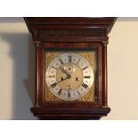 AN ENGLISH BURR WALNUT LONGCASE CLOCK WITH GLASS LENTICLE TO THE TRUNK DOOR, FLAT TOP HOOD,