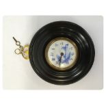 ANTIQUE WALL CLOCK WITH EBONISED CIRCULAR SURROUND,