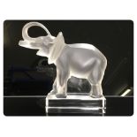 A SIGNED LALIQUE FRANCE ART GLASS FROSTED ELEPHANT FIGURE (15.5CM.