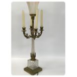 A FRENCH GLASS AND GILT METAL TABLE LAMP WITH FOUR BRANCH CANDLE HOLDER