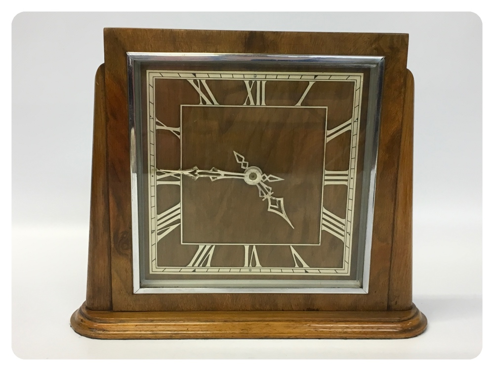 DECO STYLE OAK CASED MANTEL CLOCK BY 'GARRARD' LARGE SQUARE DIAL WITH ROMAN NUMERALS,