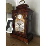 A GEORGE III MAHOGANY TABLE CLOCK WITH CHIMES, GILT BRASS DIAL WITH OPENWORK CORNER ORNAMENTS,