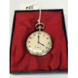 VINTAGE 'CYMA' POCKET WATCH IN POLISHED NICKEL SILVER CASE. WHITE ENAMEL DIAL.