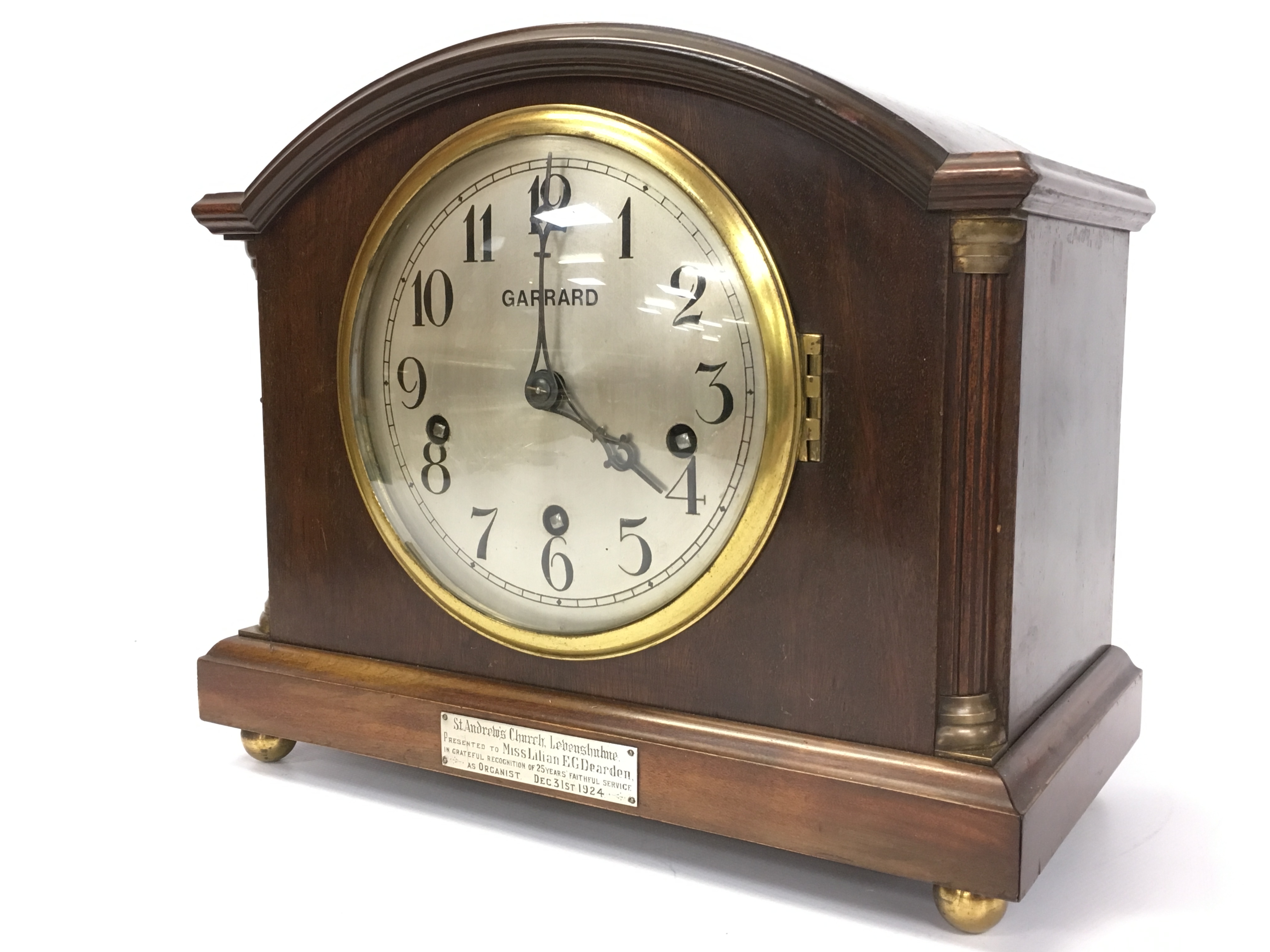 GARRARD MUSICAL CHIMING MANTEL CLOCK, WITH ARCH TOP MAHOGANY CASE. - Image 2 of 3