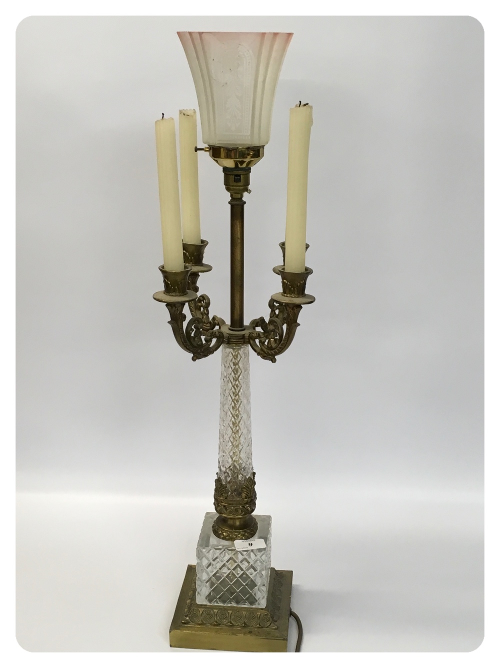 A FRENCH GLASS AND GILT METAL TABLE LAMP WITH FOUR BRANCH CANDLE HOLDER - Image 2 of 2