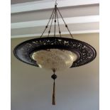 A large Fortuny Murano Venetian glass hanging ceiling bowl, of circular wrythen form, painted and