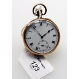 A 9ct gold open faced keyless lever watch, the white enamel dial with Roman numerals and