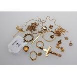 A 22ct gold wedding band, a 9ct gold cruciform pendant, and a small quantity of charms, earrings and