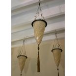 A set of four Fortuny Murano Venetian glass wrythen conical hanging lights with fittings, painted