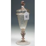 A Bohemian 18th century wheel etched glass pedestal goblet and cover, with bar opaque decoration