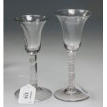 An 18th century ribbon twist stemmed bell bowl wine glass, with slight dome foot, (AF), 17.5cm,