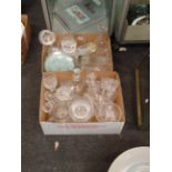 Two boxes of decorative table glass wares, and other items